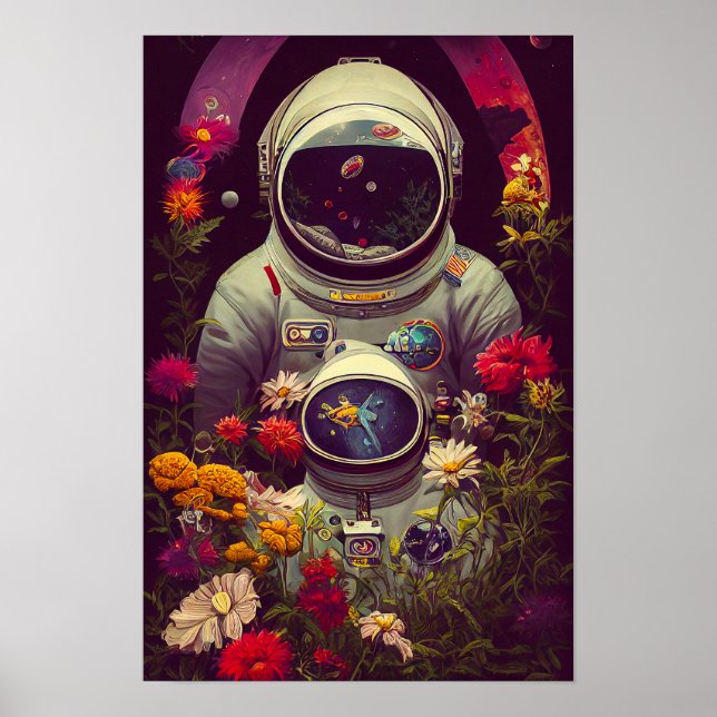 Färgstarka astronauter i rymden med blomsterkonst poster (Framsidan)