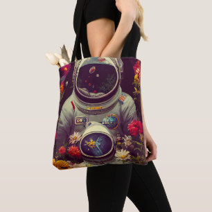 Färgstarka astronauter i rymden med blomsterkonst tygkasse
