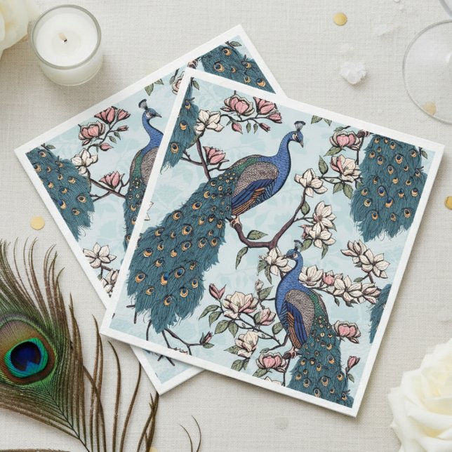 Färgstarka blå peacock och Magnolia Blue Pappersservett (Elegant Blue Peacock Napkins. Colorful Peacock Birds with Teal Feathers Floral Chinoiserie Pattern)