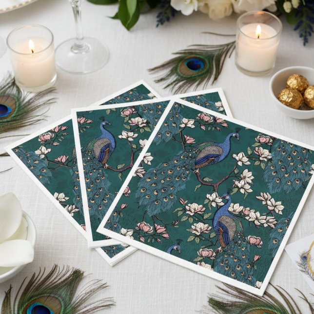 Färgstarka blå peacock och Magnolia Teal Pappersservett (Elegant Teal Green Peacock Napkins. Colorful Blue Peacocks with Teal Feather Chinoiserie Pattern)