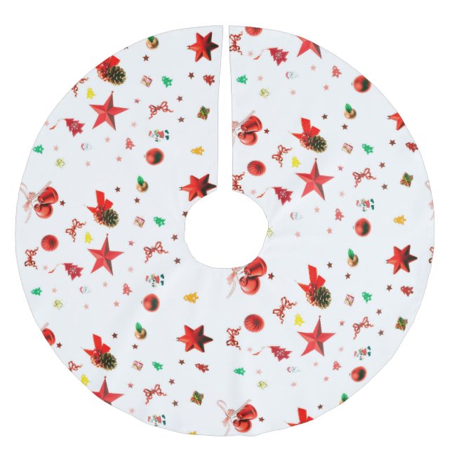 Färgstarka blandade julprydnader på vita julgransmatta borstad polyester (Framsidan)