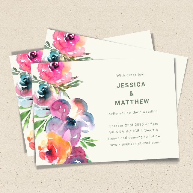Färgstarka Boho Watercolor Flowers Simple Bröllop Inbjudningar (Skapare uppladdad)