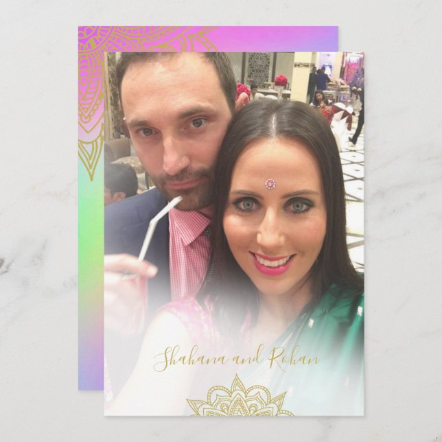 Färgstarka dekorationer i Bröllop Guld i Modern Inbjudningar (Fram/baksida)