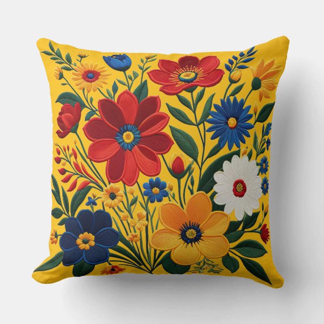 Färgstarka digitala broderier-blommigtar på arbets kudde (Framsida)