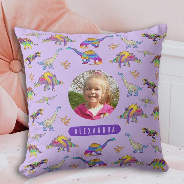 Färgstarka Dinosaur Girl Personlig Photo and Namn Kudde (Colorful dinosaur pattern girl personalized name and photo purple pillow Dino home decor for girls)