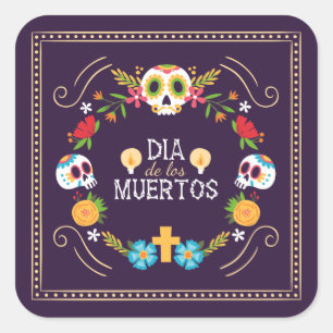 Färgstarka Döskallar för Blommigt Dia de Muertos Fyrkantigt Klistermärke