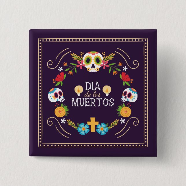 Färgstarka Döskallar för Blommigt Dia de Muertos | Knapp (Framsida)