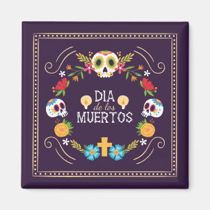 Färgstarka Döskallar för Blommigt Dia de Muertos   Magnet