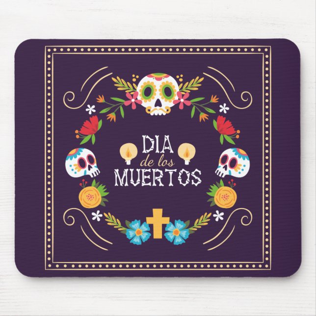 Färgstarka Döskallar för Blommigt Dia de Muertos | Musmatta (Framsidan)