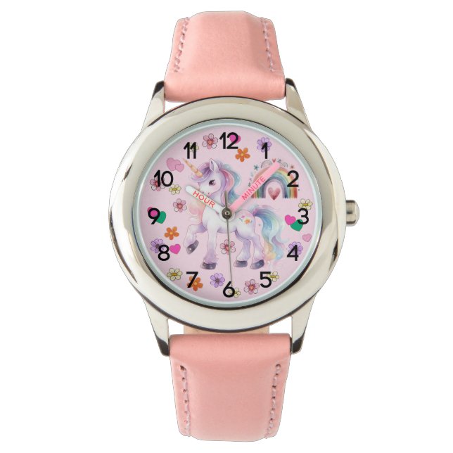 Färgstarka enhörniga regnbågar och blommor, barn armbandsur (Framsida)