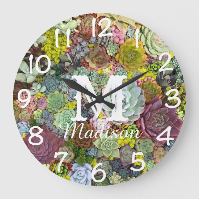 Färgstarka gröna Succulents Stor Klocka (Framsida)