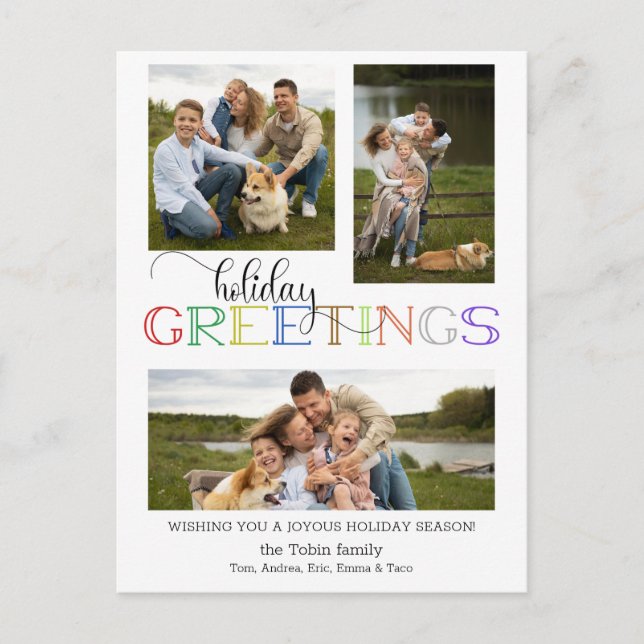 Färgstarka helgdagar, typografi 3-foto helg vykort (Framsida)