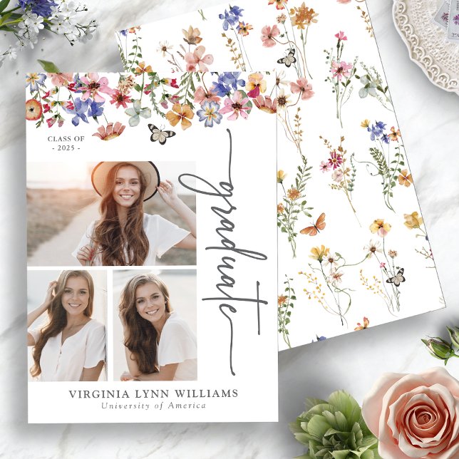 Färgstarka jodblommor Photo Studenten Meddelande (Colorful Wildflowers Photo Graduation Announcement with Butterfly by Painted Paperie
)