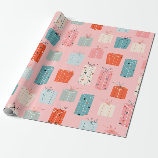 Färgstarka julklappar på rosa. Sjöfart Presentpapper (Utrullad)