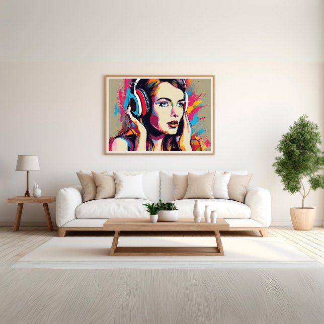 Färgstarka kvinnor lyssnar på Music Pop Art Poster (Colorful Woman Listens to Music Pop Art Poster)