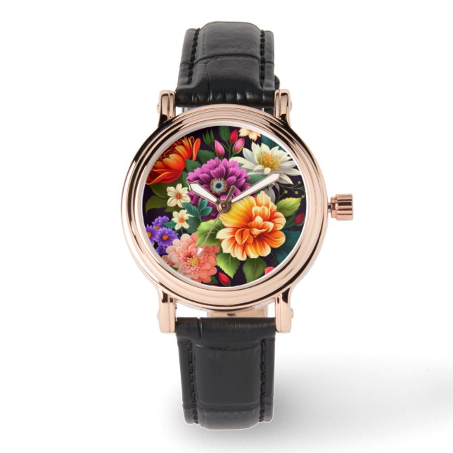 Färgstarka levande blommor armbandsur (Framsida)