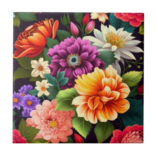 Färgstarka levande blommor kakelplatta (Framsidan)
