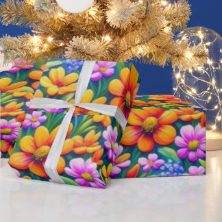 Färgstarka levande blommor och fåglar Pappra Presentpapper