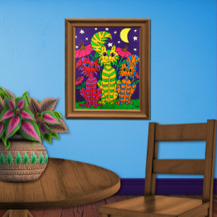 Färgstarka månljus Kats Folk Art Poster