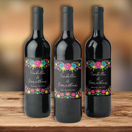 Färgstarka mexikanska blommor vinflaska etikett