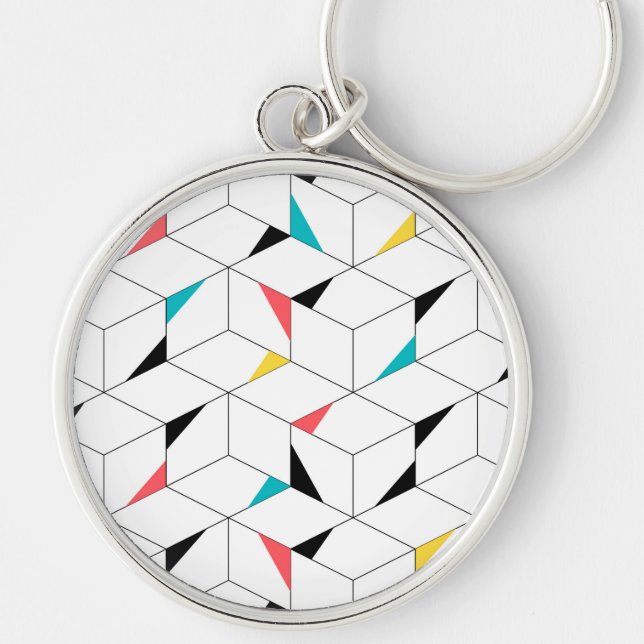 Färgstarka, moderna, glada trendig lycklig-kuber rund silverfärgad nyckelring (Framsidan)