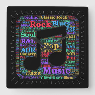 Färgstarka musikgenrer fyrkantig klocka