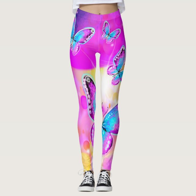 Färgstarka neon Butterflies Leggings (Framsida)