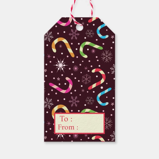 Färgstarka Polkagrisar till jul med Snöflingor Presentetikett (Framsidan)