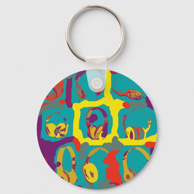 färgstarka popart-dj-hörlurar nyckelring (Framsida)