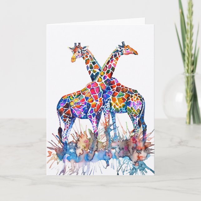 Färgstarka regnbåge Giraffes Watercolor Kort (Framsida)
