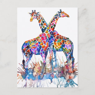Färgstarka regnbåge Giraffes Watercolor Vykort