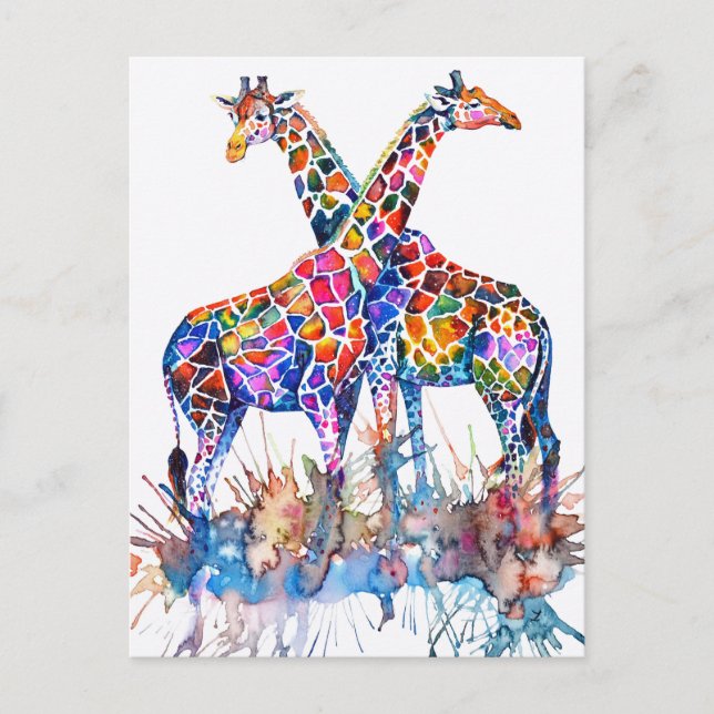 Färgstarka regnbåge Giraffes Watercolor Vykort (Framsida)