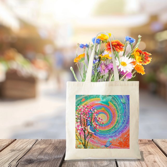 Färgstarka regnbåge Wildblommor Birds Butterflies Tygkasse (Colorful Rainbow Wildflowers Birds Butterflies Tote Bag)