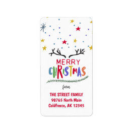 Färgstarka renar Antler och Stars God jul Adressetikett