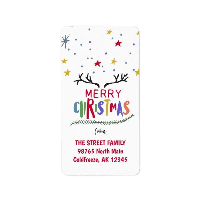 Färgstarka renar Antler och Stars God jul Adressetikett (Framsidan)