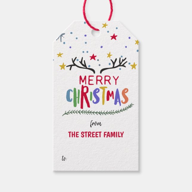 Färgstarka renar Antler och Stars God jul Presentetikett (Framsidan)
