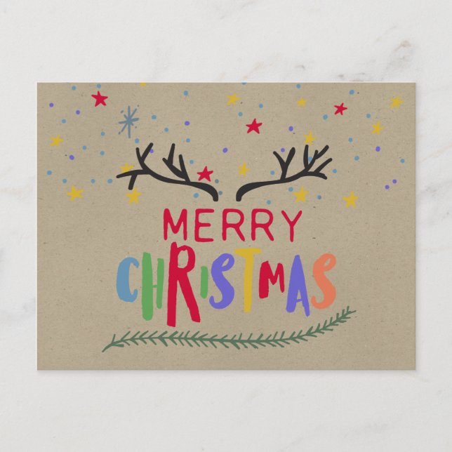 Färgstarka renar Antlers & Stars God jul Vykort (Framsida)