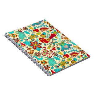 Färgstarka Retro Birds Flowers & Bunny Rabbits Anteckningsbok Med Spiral