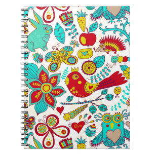 Färgstarka Retro Birds Flowers & Bunny Rabbits Anteckningsbok Med Spiral
