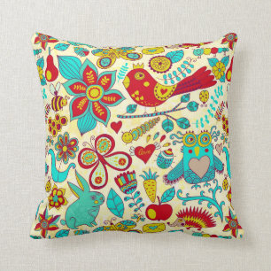 Färgstarka Retro Birds Flowers & Bunny Rabbits Kudde