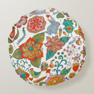 Färgstarka Retro Birds Flowers & Bunny Rabbits Rund Kudde