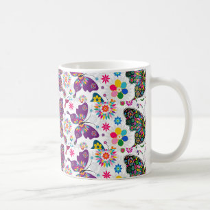 Färgstarka Retro Butterfly och Flowers Mönster Kaffemugg