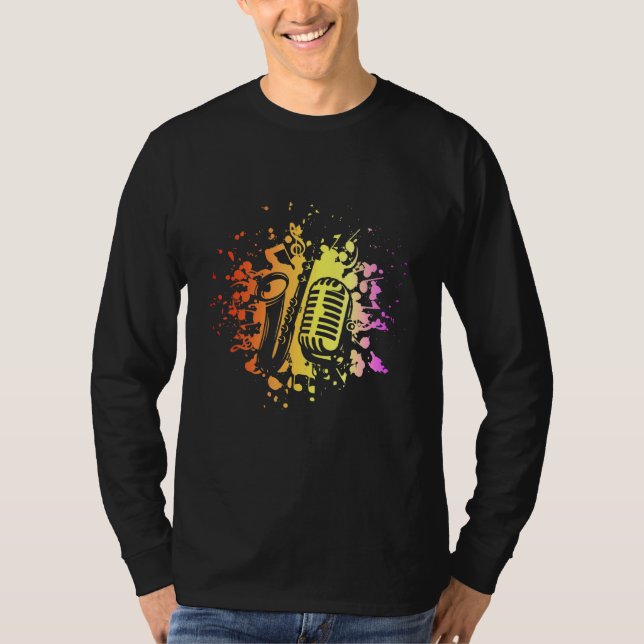 Färgstarka saxofoner Microphone Musical Instrument T Shirt (Framsida)