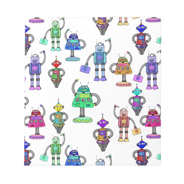 Färgstarka, söta robotar på vit bakgrund anteckningsblock (Framsida)