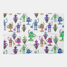 Färgstarka, söta robotar på vit bakgrund kökshandduk