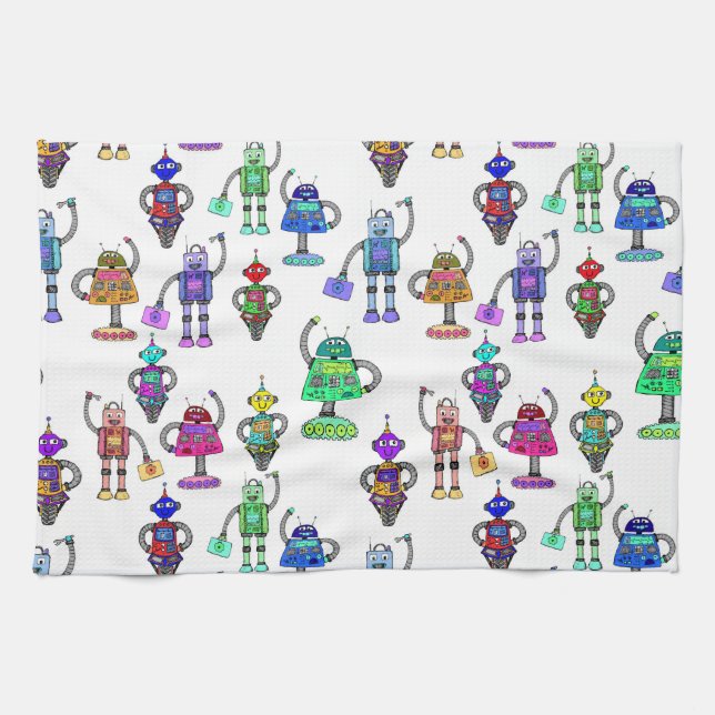 Färgstarka, söta robotar på vit bakgrund kökshandduk (Horisontell)