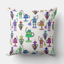 Färgstarka, söta robotar på vit bakgrund kudde