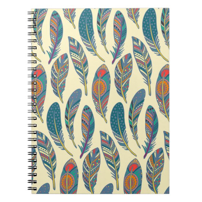 Färgstarka stamfjädrar, etnisk sömlös design. anteckningsbok (Framsidan)