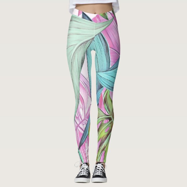 Färgstarka stora tropiska löv, vattenfärg leggings (Framsida)