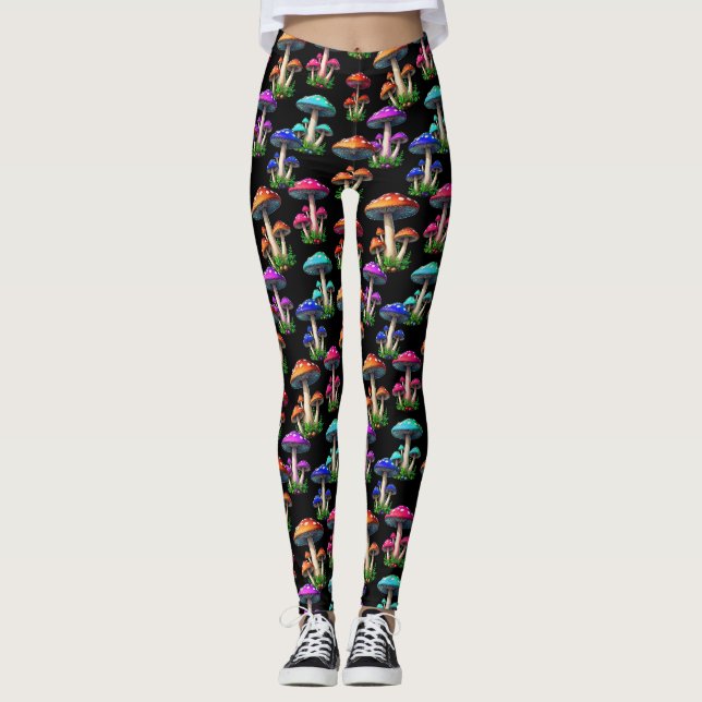Färgstarka svampar på svart bakgrund leggings (Framsida)